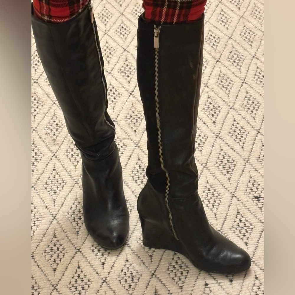 Michael Kors Black Leather Knee-High Wedge Boots